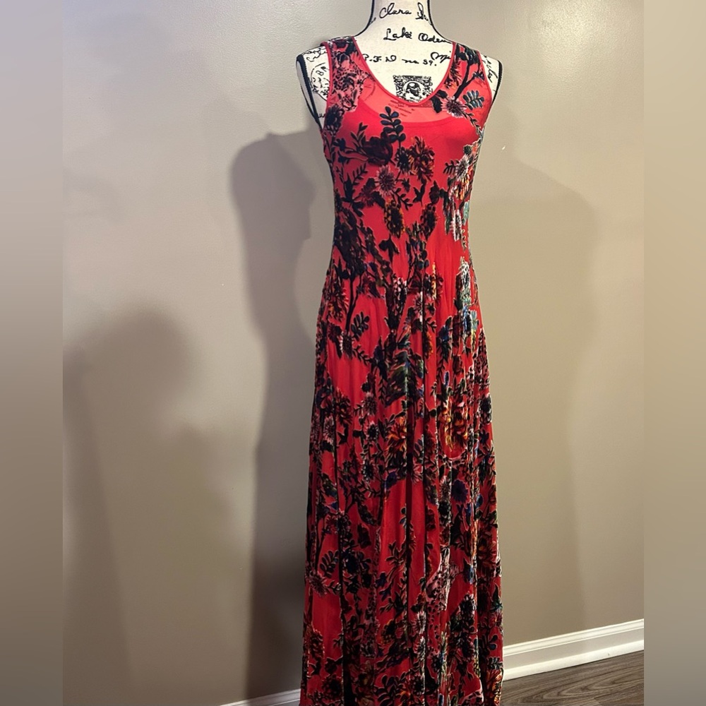JOHNNY WAS Burnout Velvet Animal Motif V-Neck Sleeveless A-Line Maxi Dress